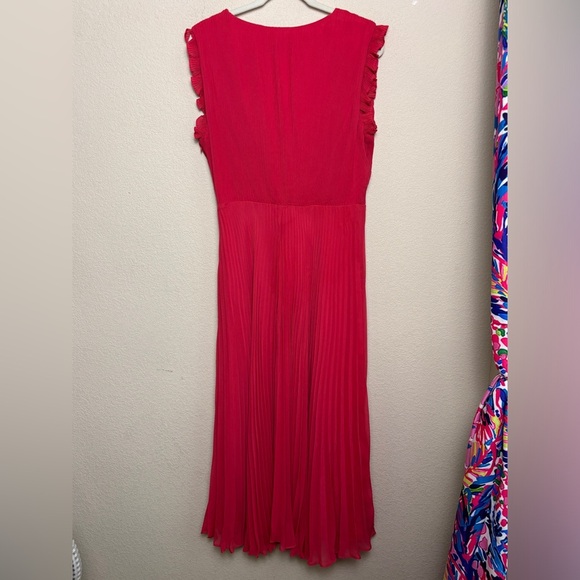 Taylor Raspberry Red Pleated Chiffon Ruffle Sleeve Empire Waist Midi Dress 14 - Picture 9 of 14